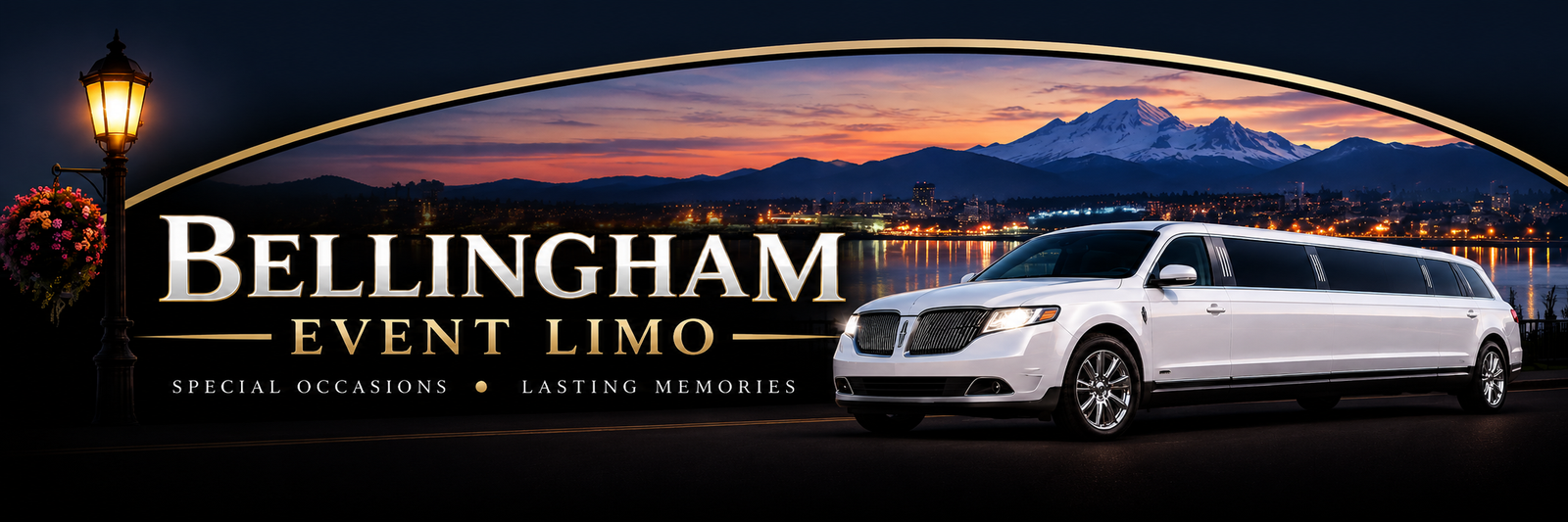Bellingham Event Limo white stretch limousine with Bellingham and Mount Baker backdrop