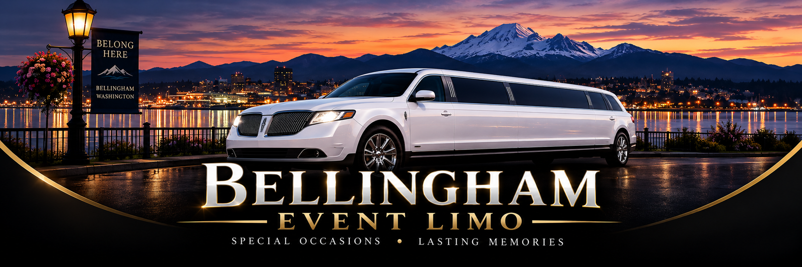 Bellingham Event Limo twilight banner with white stretch limousine